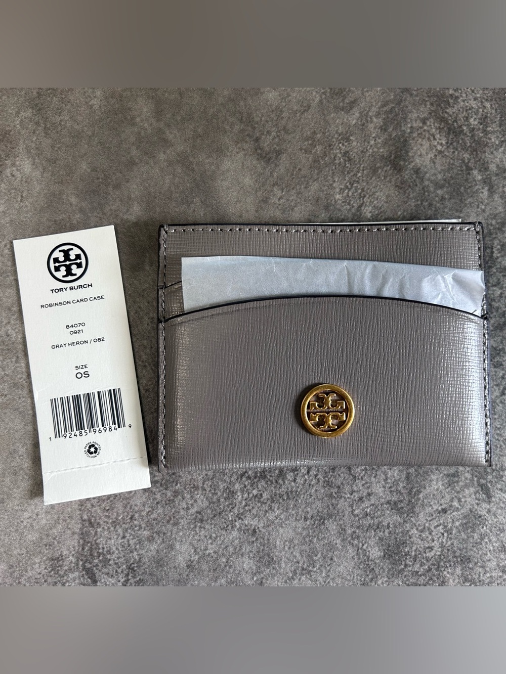 NWT Tory Burch Taupe Saffiano Leather Card Holder with Gold Logo